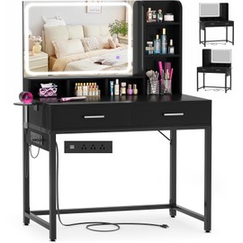 Small Vanity Desk, Vanity Desk with Mirror and Lights, Makeup Vanity Desks with Power Strip, Vanity Table with Drawers and Shelves, Adjustable Lighting, Dressing Table for Bedroom Room, Black