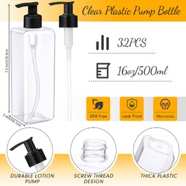 Zubebe 32 Pcs 16 oz Empty Plastic Pump Bottles Lotion Bottles with Pumps Clear Square Lotion Dispenser Refillable Shampoo Container for Massage Oil Liquid Soap Face Cream Moisturizer(Black)