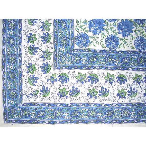HOMESTEAD Lotus Flower Block Print Floral Square Cotton Tablecloth 60" x 60" Blue