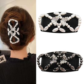 Magic Hair Comb for Women Adjustable Elastic Hair Clip for Girls Pearl Bow Double Sided Comb for Hair Accessories for Women Stretchy Hair Combs for Thin Thick Hair Beaded Hair Clip (black white)