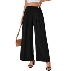 Vrtige Women's Elastic High Waisted Long Palazzo Pants Wide Leg Loose Office Casual Trousers with Pockets Black Small