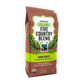 Fairtrade Organic Five Country Blend, 100% Arabica Whole Bean Coffee, Kosher Pareve Certified, 13oz/369g (Pack of 1)