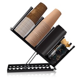 JKVPOI Cup and Lid Holder with Straw Organizer, Metal Adjustable Coffee Cup Holder Organizer, Disposable Coffee Cup Dispenser for Countertop Coffee Bar Station Organizer, 4 Compartment (Black)