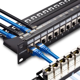 Lysymixs 24 Port RJ45 Patch Panel Cat7 STP Feed Through, Coupler Network Panel 19 Inch, Inline Keystone Ethernet Patch Panel with Back Bar