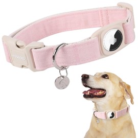 DOGWONG Airtag Cotton Hemp Dog Collar, Heavy-Duty Dog Collar with Airtag Holder Pink Natural Fabric Pet Cute Puppy Necklace for Small Medium Large Dogs