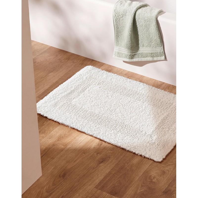 Cotton Bath Mat Rug for Bathroom - White, Reversible Bath