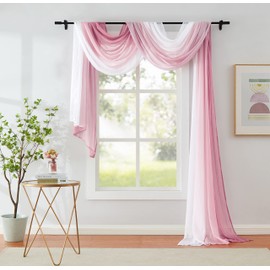 1 Piece Ombre Chiffon Sheer Window Scarf Valance Curtains 18ft for Living Room, Home Decor, 52"x216" Long Crinkle Soft Window Top Sheer Voile Valance for Wedding Party Decor, Pink