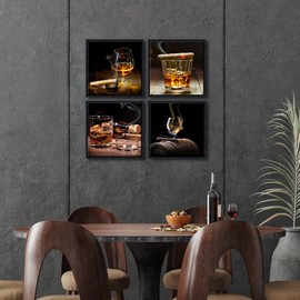 Pyradecor Black Framed 4 Pieces Cigar Wine Whisky Canvas Prints Wall Art Liquor Still Life Pictures Paintings for Kitchen Bar Pub Home Decorations