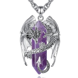 INFUSEU Crystal Dragon Necklace, Nordic Dragon Wrapped Cylinder Gemstone, Crystal Pendant, Hexagonal Healing Crystal Pendant, Gothic Natural Crystal Jewellery, Gift for Men and Women, Bronze