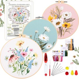 YINVA Embroidery Set Beginners, Floral Pattern Plants Cross Stitch Kit Starter Tools Kit with 2 Pieces Plastic Embroidery Hoops, Colour Threads and Tools, for DIY Art, Craft, Embroidery