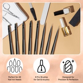 AMilHiTon 8PCS Nail Art Brush Set for Gel & Acrylic – French Tip, Flat, Oval & Carved Liner Brushes with Dotting Tools, Professional Builder Poly Gel Nail Design Kit