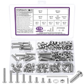 178 Piece M6 Screw Set, Allen Screws Nuts Set, Silver Threaded Screws with Nuts with Washers Set, Pan Head Screws and Nuts, Bicycle Screws Set, with Key