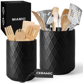 MIAMIO – Kitchen Utensil Holder Ceramic/Kitchen Organizer Set, Farmhouse Decor for Organizing Countertop and Storing Cutlery, Cooking Spoons, and Accessories - Palmanova Collection (Black)