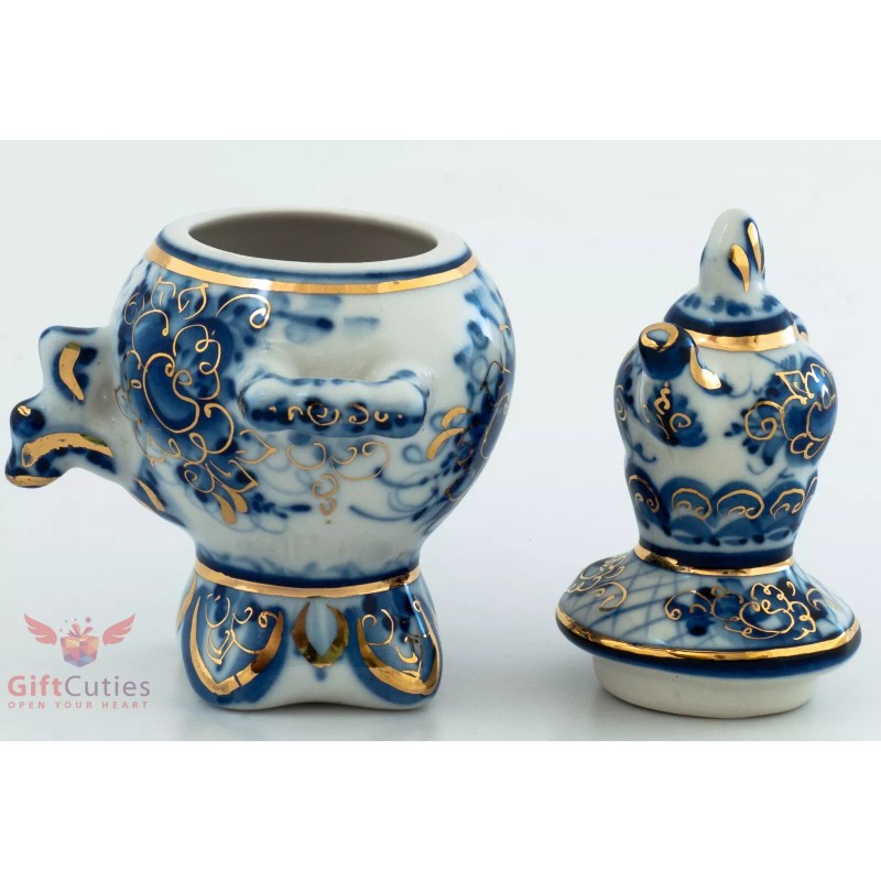 Gzhel Blue White & Gold Porcelain Samovar Teapot Figurine collectible