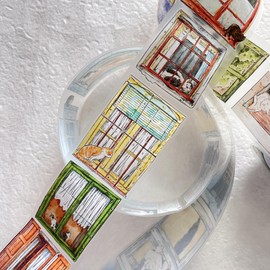 Seahorse Forest Vol5 A31 Inside and Outside, Cute Cat and Doors & Windows Scenery, Pre-Cut Matte PET Tape Stickers, Original Design, for Scrapbook Supplies, Scrapbook Tape Stickers, Junk Journal