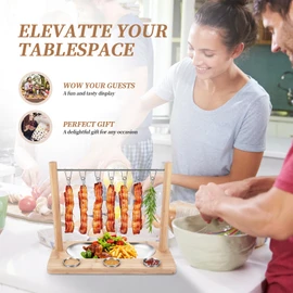 Triceratops Bacon Display Rack, Wood Bacon Serving Dishes, Bacon Hanger Charcuterie Cheese Board with Stainless Steel Serving Platter Tray, Ideal Warming Gifts (Set of 2, 1 Row)