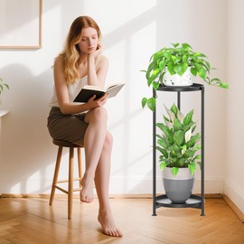 iDavosic.ly 2 Tier Corner Plant Stand Indoor, Tall Vertical Metal Flower Heavy Duty Pot Holder Shelf Outdoor for Patio Porch Living Room, Modern Black - Round