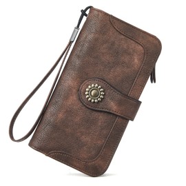BROMEN Leather Wallets for Women RFID Blocking Large Capacity Credit Card Holder Clutch Purse Wristlet Coffee