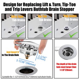 Anlige Universal Tub Stopper Bathtub Drain, Pop Up Bathtub Drain Plug and Cover, Replaces Bath Tub Lift and Turn, Tip-Toe and Trip Lever, Easy to Install and Clean, All Brass Plating Process