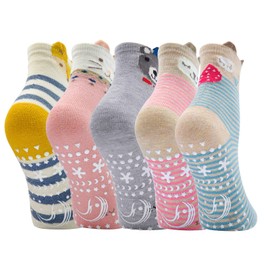 ZFSOCK Children's Stopper Socks Non-Slip Socks Non-Slip: Funny Cotton Colourful Animal Pattern House Socks ABS Socks Ankle Socks Girls Stockings with Nubs 5 Pairs Size 23-38, 2-14 Years Old, Animal