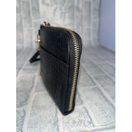 Rebecca JT-250221 Compact Wallet, L-Shaped Zipper, with Strap & Holder, Genuine Cow Leather, Crocodile Embossed Leather, Wallet, Wallet, Mini Wallet, Unisex, Unisex, Black
