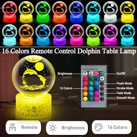 Fanrui 3.15 Inch Dolphin Crystal Ball 3D Table Lamp,80MM Crystal Glass Dolphins Playing & Moon Figurines Night Light with Remote Control,Gifts for Lovers Girlfriend Wife Mom Boys Kids Birthday Xmas