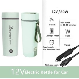 Tragbarer elektrischer Reisebecher, 12 V/7 A, 80W, 350 ml, elektrischer Teekessel für 12 V Auto, 450 ml 304 Edelstahlauskleidung, Heiztemperatur bis zu 98 °C, Ein-Key-Opera, automatische Abschaltung