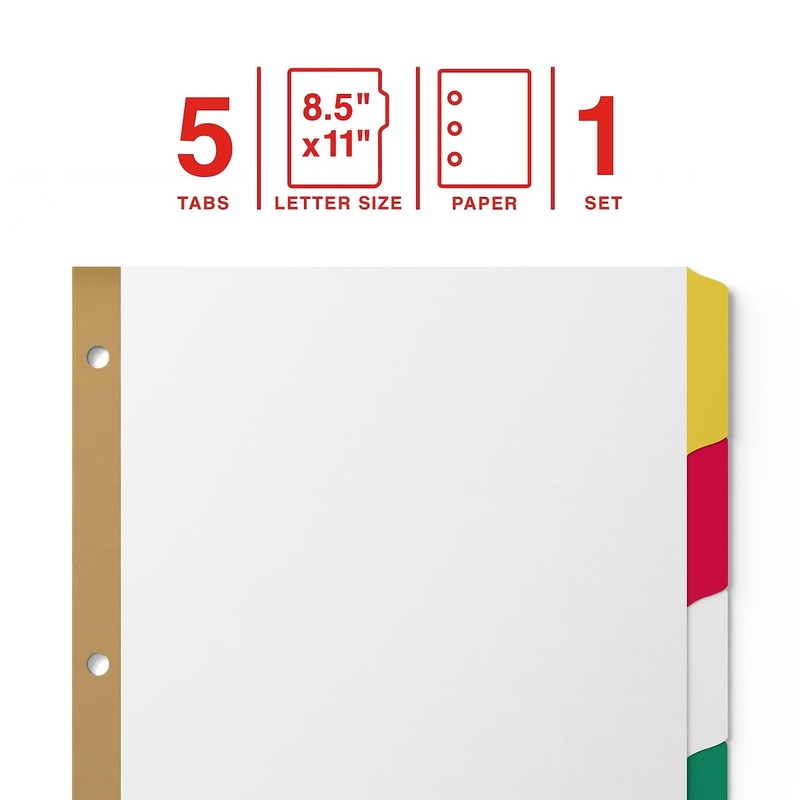 Staples Large Tab Write & Erase Paper Dividers, 5‑Tab, Multicolor,