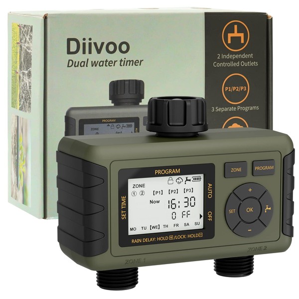 Sprinkler Timer 2 Zone, Diivoo Water Timer for Garden Hose 2 Outlet, Irrigation Timer with Rain Delay and Manual Watering for Lawn, Pool Filling