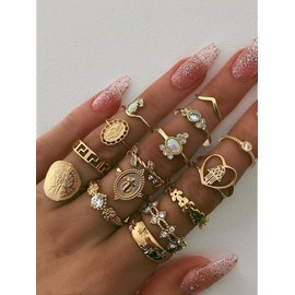 Women's Mixed Style Coin Design Rings Set, 15 Counts Summer Hollow Out & Heart & Leaf Rings, Vintage Jewelry As Gift for Girlfriend