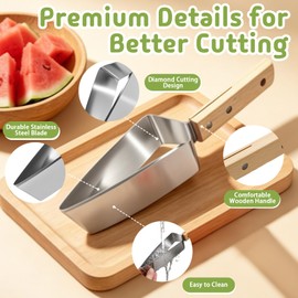 Triangle Watermelon Cutter, Stainless Steel Watermelon Slicer with Wooden Handle, Fruit Cutter Slicer for Watermelon, Cantaloupe, Honeydew, Apples and More, Portable Kitchen Fruit Cutting Tool
