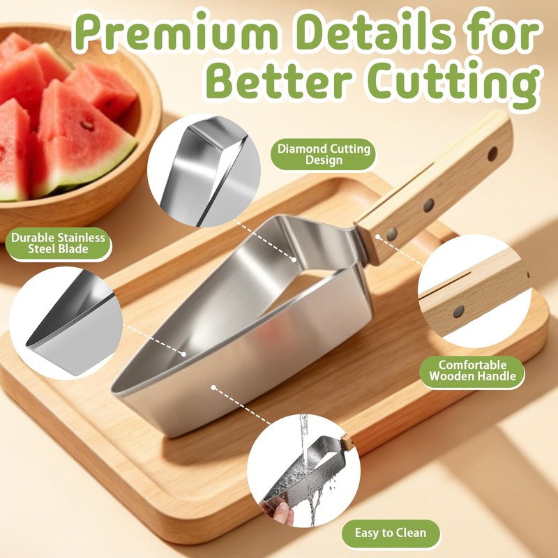 Triangle Watermelon Cutter, Stainless Steel Watermelon Slicer with Wooden Handle,
