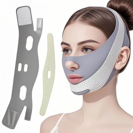 Cinturón de lifting facial - Mascarilla de lifting en forma de V, correa para la barbilla, cinta de lifting facial con correas ajustables, reductor de papada en forma de V, diseño contorneado 3D para moldear el rostro, moldear la mandíbula y dormir.（Gris