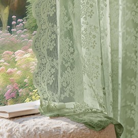 Anmao Vintage Sage Green Lace Curtains 80 Inches Long 2 Panels Sets, Romantic Light Filtering Semi Sheer Floral Thick Lacy Curtain Drapes for Living Room and Bedroom, Each Panel 55W x 80L, Sage Green