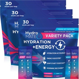 HydroMATE Electrolytes Powder Drink Mix Packets Hydration Accelerator Low Sugar Party Favors for Rapid Recovery Vitamin C Plus Caffeine Variety Pack 16 Sticks
