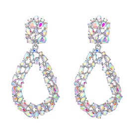 Flyonce Women's Crystal Open Hoop Oval Drop Pierced Dangle Earrings Iridescent Clear AB Silver-Tone