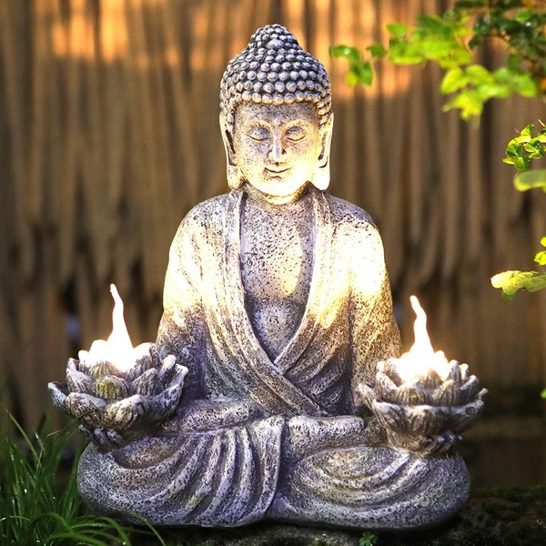 IVCOOLE Buddha Statue Zen Sculpture 11.4in Yoga Garden Decor with LED Solar Lotus Lights, Sitting Meditating Buddha Serene Resin Figurine for Patio Yard Lawn Ornaments,Inside or Outside