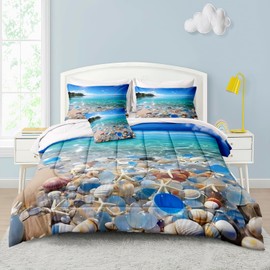 MOVE OVER Ocean Comforter Set Queen Size 8 Pieces Bed in a Bag 100% Soft and Lightweight Beach Themed Bedding Set Starfish and Shells Pattern Vacation Comforter Set for Summer Holiday