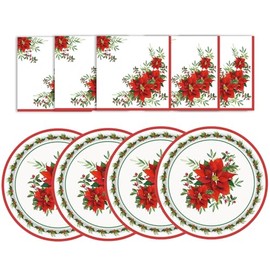 WRXVVTSV 50PCS Christmas Poinsettia Party Supplies – 25 Red & Green Holiday 9 Inch Plates Napkins – Disposable Xmas Dinnerware for Christmas Party, Holiday Gathering, Winter Celebration