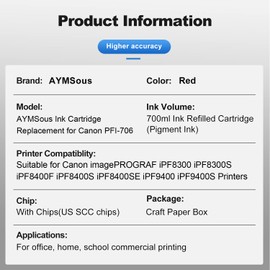 AYMSous AYMSous Compatible Pigment Ink Cartridge Replacement for Canon PFI-706 PFI-706R for Canon imagePROGRAF iPF8300 iPF8300S iPF8400F iPF8400S iPF8400SE iPF9400 iPF9400S (700ML Red Pigment)
