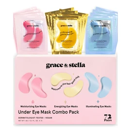 grace & stella Under Eye Mask - Reduce Dark Circles, Puffy Eyes, Undereye Bags, Wrinkles - Gel Under Eye Patches, Bulk Gifts for Women - Vegan Cruelty-Free Self Care (72 Pairs, Gold, Pink, & Blue)
