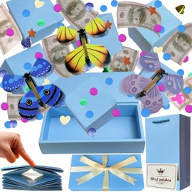 JINSTABAG Surprise Gift Box Explosion for Money with Butterfly, DIY Unique Folding Bouncing Box with Stickers, Cash Explosion Luxury Gift Box for Birthday Anniversary Graduation Valentine.(Blue)
