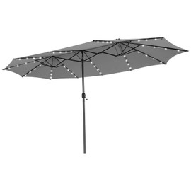 Tangkula 15 Ft Twin Patio Umbrella with 48 LED Lights, Double-Sided Outdoor Umbrella W/ Auto-Charging Solar Panel, Extra-Large Outdoor Market Umbrella W/ Hand-Crank System for Poolside, Garden & Backyard (Gray)