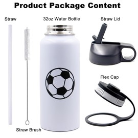 Soccer Water Bottle 32 oz Sports Flask Metal Travel Tumbler with 2 Lids, BPA Free Stainless Steel Double Wall Vacuum Insulated Water Bottles, Soccer Gifts for Boys Girls Player