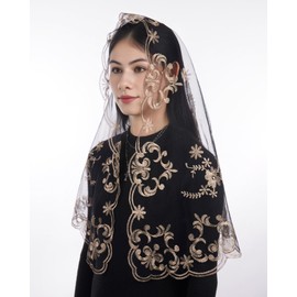 Bozidol Catholic Veils for Women Mass, Black Gold D Shape Virgin Mary Embroidered Church Mantilla Chapel Veil, Elegant Prayer Lace Shawl Head Coverings with Clip
