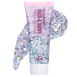 Drawdart Face & Body Glitter,Cosmetic-Grade Holographic Glitter Gel,50ml Silver Hair Glitter Gel,Rave Glitter,Mermaid Makeup Glitters for Women - Vegan & Cruelty Free