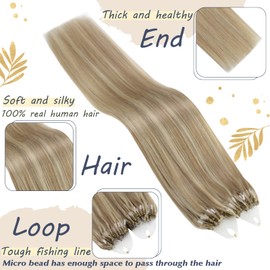 Ugeat Micro Ring Pre Bonded Human Hair Bundles Highlights Blonde Micror Bead Hair Extensions for Women Dark Ash Blonde Highlights Golden Blonde Microbeads Hair Extensions Real Human Hair 16inch 50G