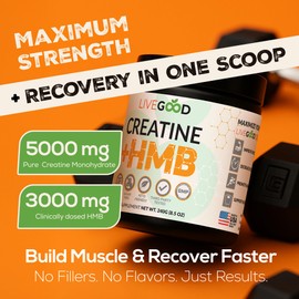 LIVEGOOD Creatine + HMB Powder, Unflavored Organic Creatine Monohydrate for Strength, Recovery, Brain Function & Muscle Growth, HMB Supplement, Built on Clean Ingredients – 30 Servings