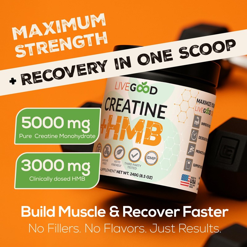 LIVEGOOD Creatine + HMB Powder, Unflavored Organic Creatine Monohydrate for