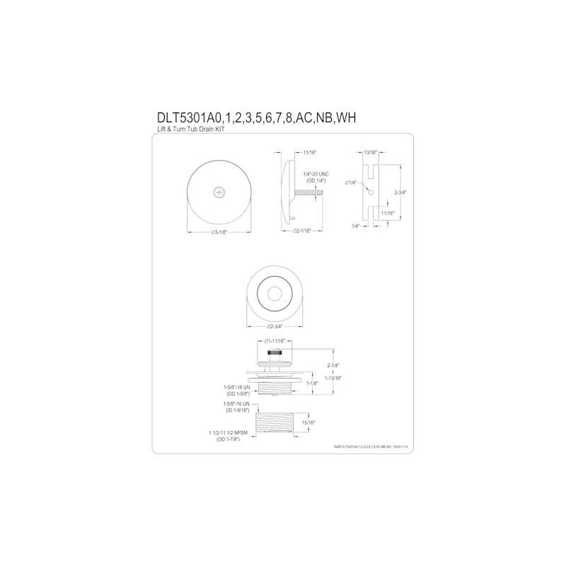 Kingston Brass DLT5301A7 Lift & Turn Tub Drain Kit, Brushed